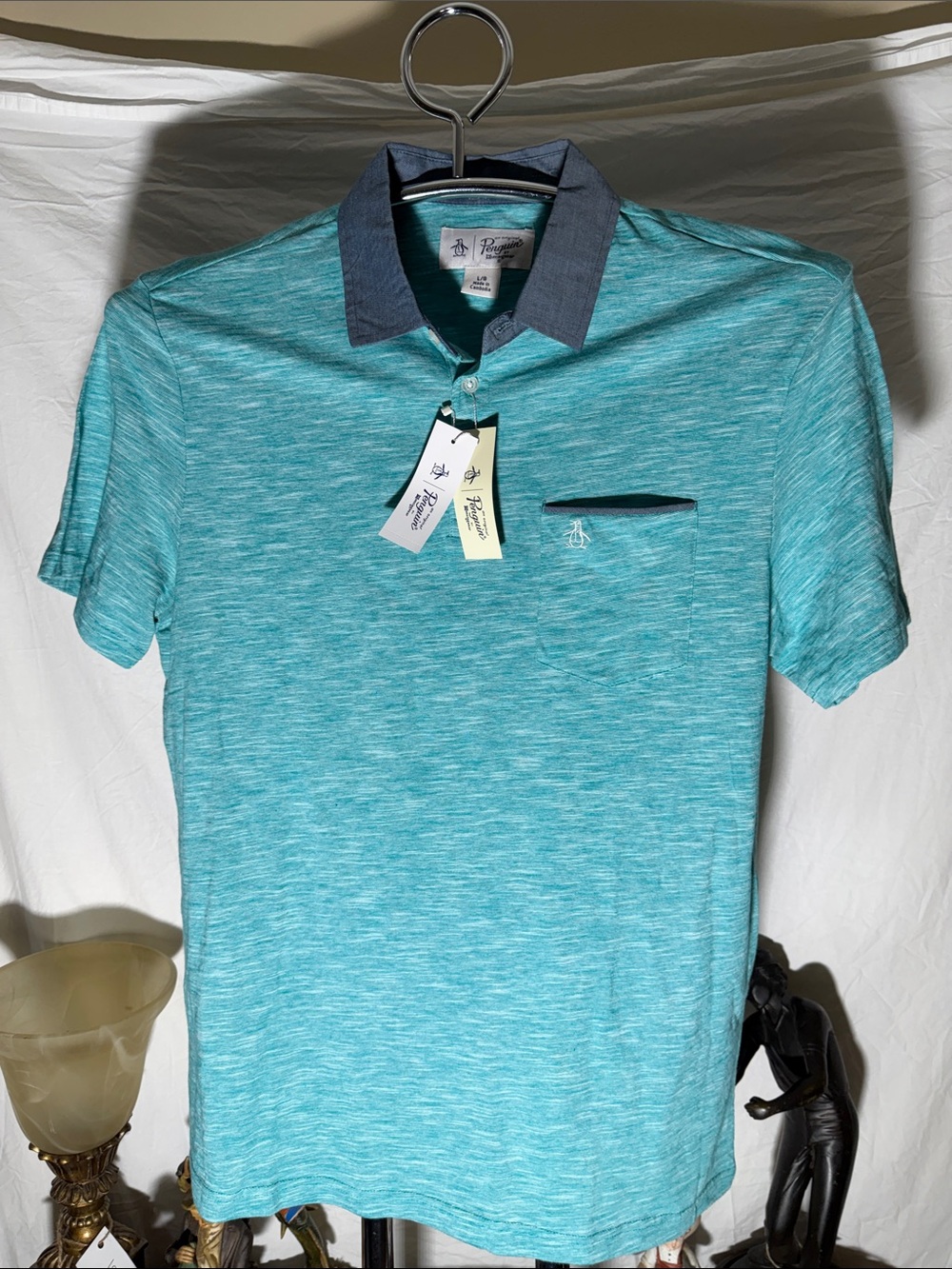 Original Penguin Teal Heather Polo with Navy Contrast Collar and Pocket Trim